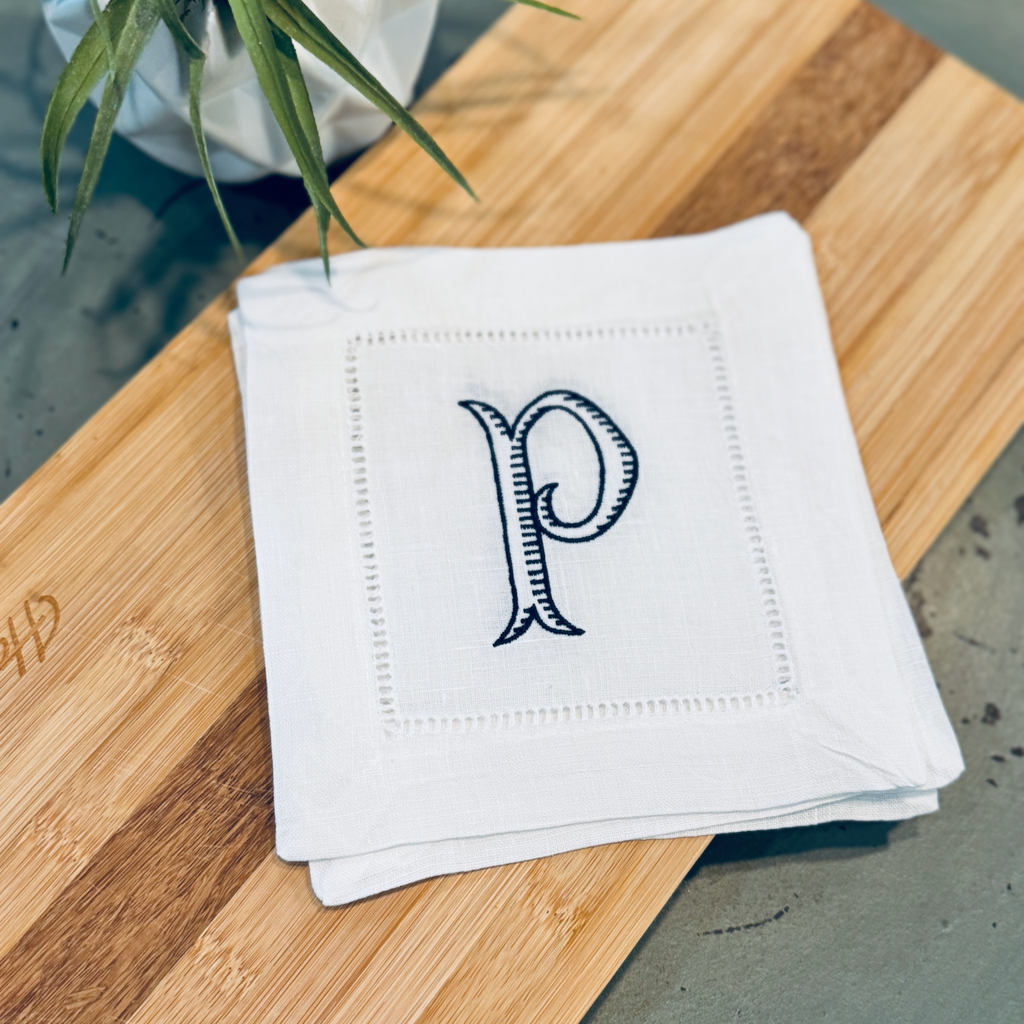 Baroque Monogrammed Cocktail Napkins, Set of 4 - White Tulip Embroidery