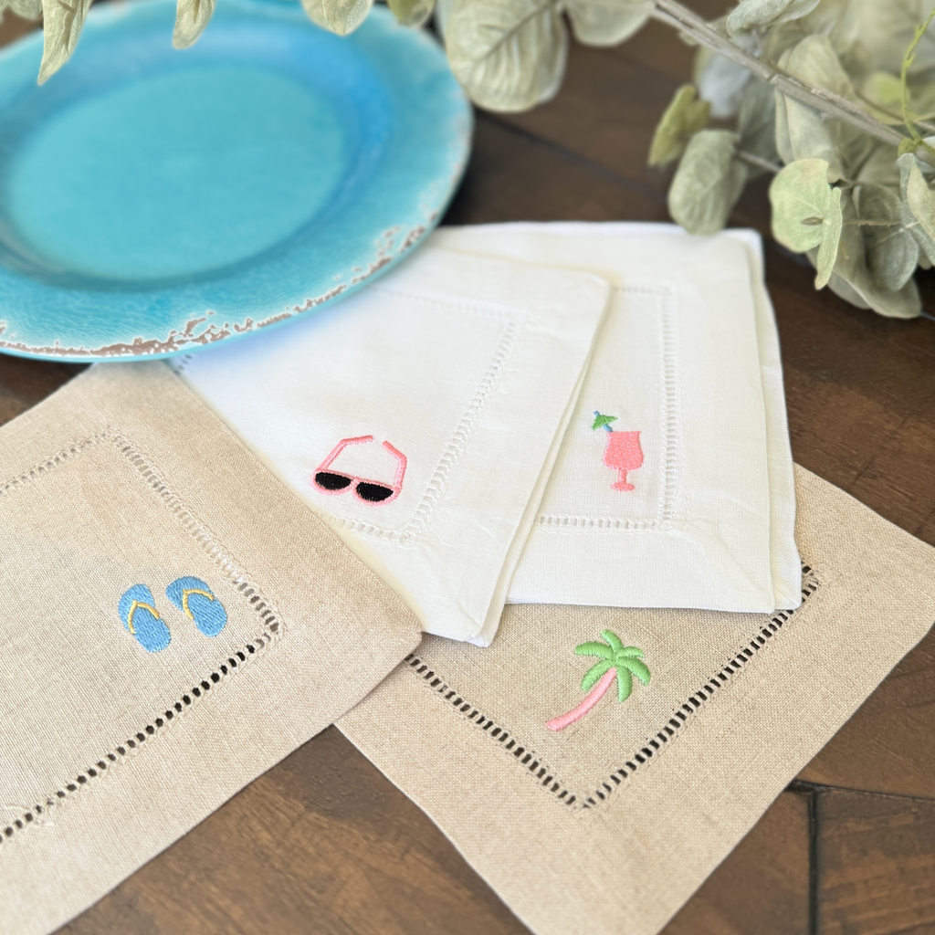 Beach Cloth Cocktail Napkins, Set of 4 - White Tulip Embroidery