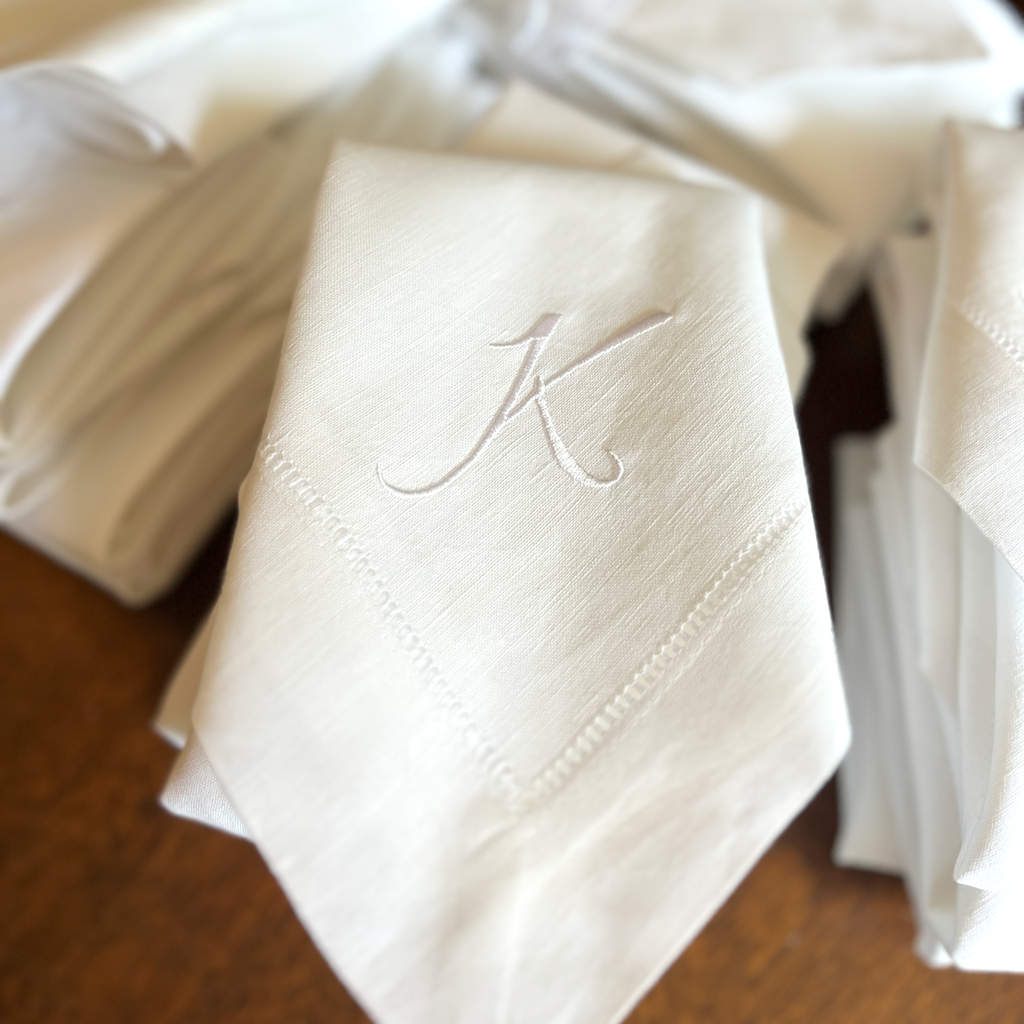 Moira Script Monogrammed Cloth Dinner Napkins - Set of 4 napkins - White Tulip Embroidery