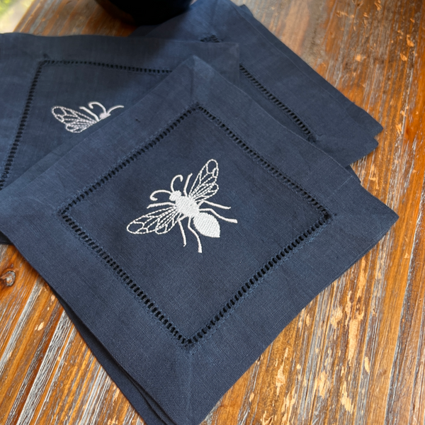 Bee Linen Cocktail Napkins, Set of 4 - White Tulip Embroidery