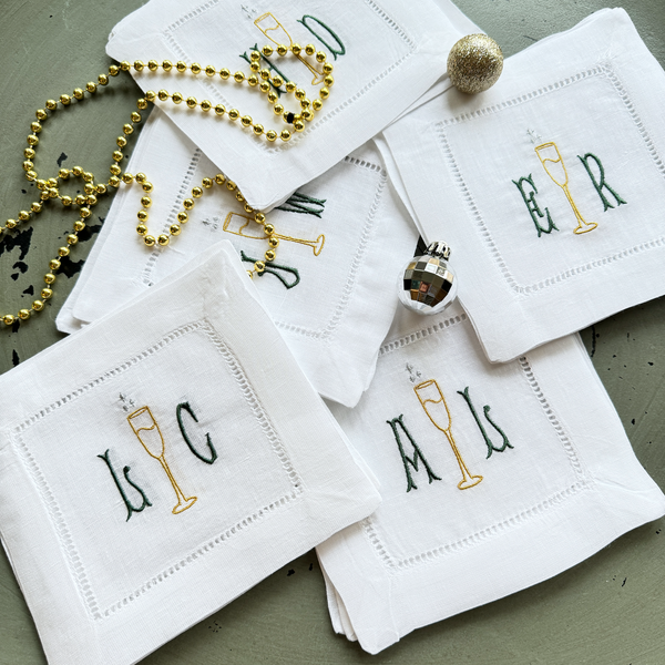 Monogrammed Champagne Cocktail Napkins, Set of 4, Cheers Linen Napkins - White Tulip Embroidery