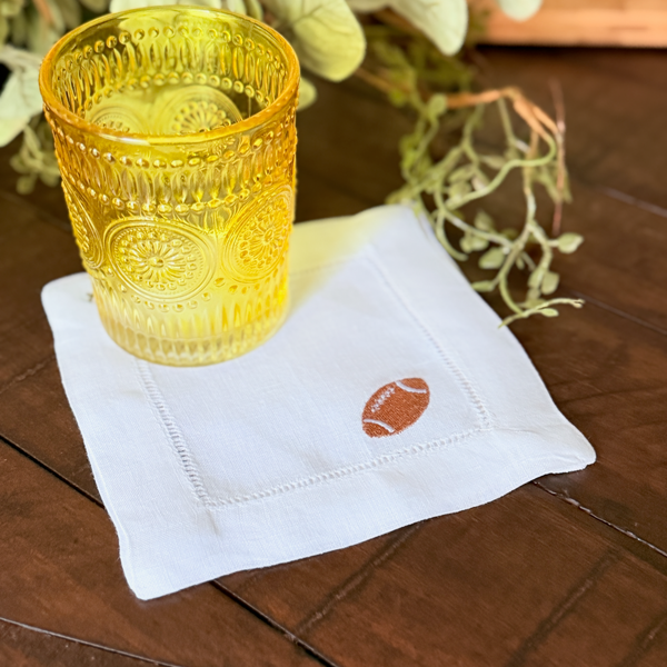 Football Cloth Cocktail Napkins, Set of 4 - White Tulip Embroidery