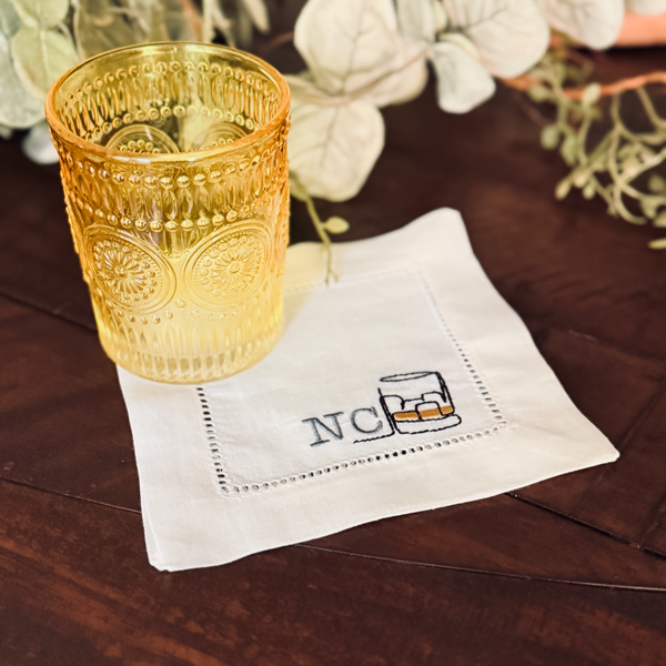 Monogrammed Whiskey Name Cocktail Napkins, Set of 4, Personalized Cloth Linen Napkins - White Tulip Embroidery
