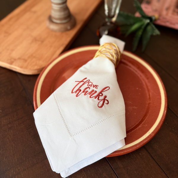 Thanksgiving Give Thanks Embroidered Cloth Dinner Napkins - Set of 4 napkins - White Tulip Embroidery