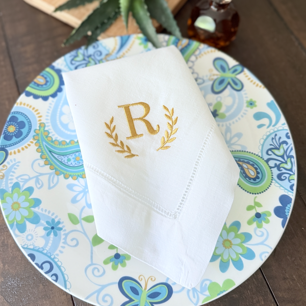 Laurel Leaf Monogrammed Embroidered Cloth Dinner Napkins - White Tulip Embroidery