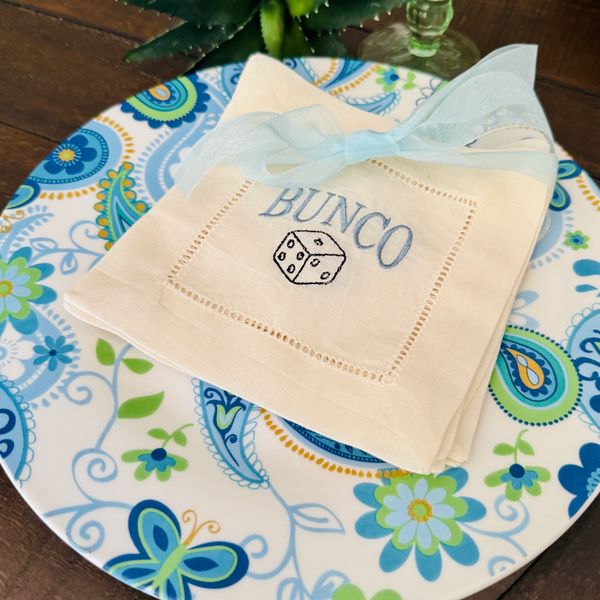 Bunco Dice Cloth Cocktail Napkins, Set of 4, Funny Bunko Cocktail Napkins - White Tulip Embroidery