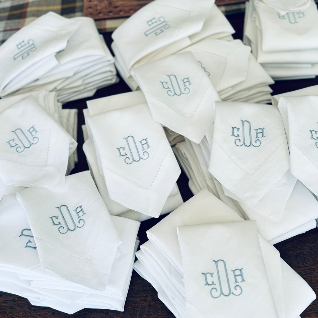 3 Letter Bulk Monogrammed Wedding Napkins, Set of 75, Embroidered Cloth Dinner Napkins - White Tulip Embroidery