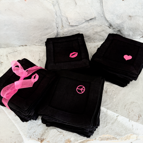 Valentine's Day Lips Cloth Cocktail Napkins, Set of 4, Kiss Cocktail Napkins - White Tulip Embroidery