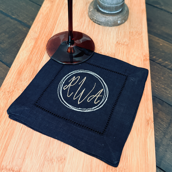 Navy Monogrammed Linen Cocktail Napkins, Set of 4 - White Tulip Embroidery