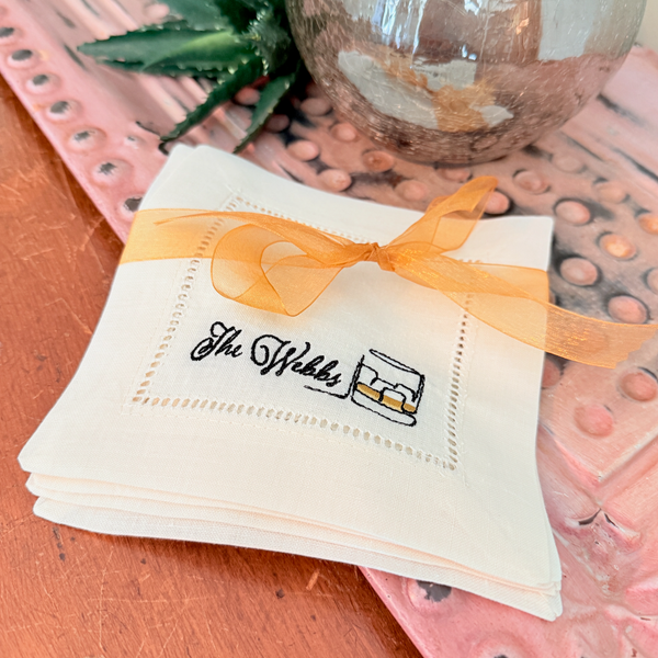 Monogrammed Whiskey Name Cocktail Napkins, Set of 4, Personalized Cloth Linen Napkins - White Tulip Embroidery