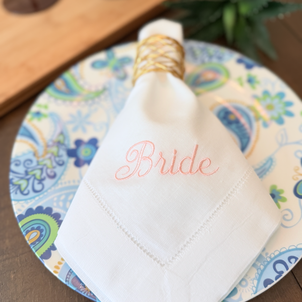 Bride and Groom Wedding Cloth Napkins-Set of 2 napkins - White Tulip Embroidery