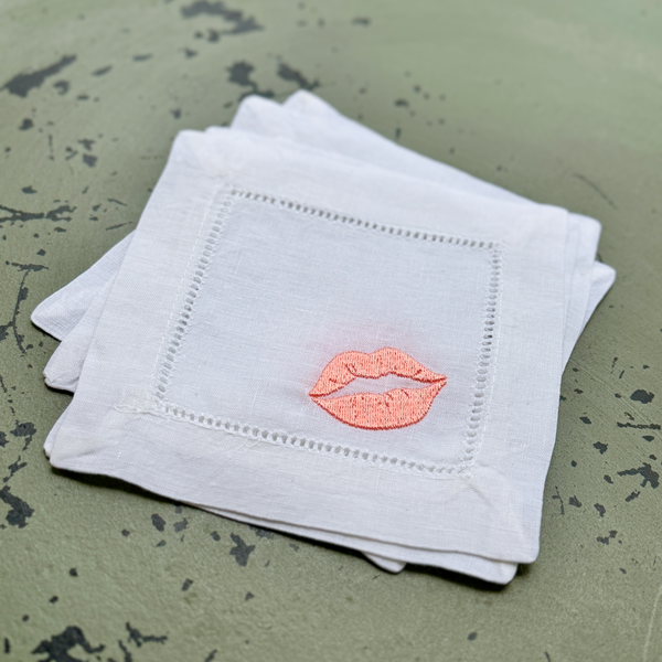 Valentine's Day Lips Cloth Cocktail Napkins, Set of 4, Kiss Cocktail Napkins - White Tulip Embroidery