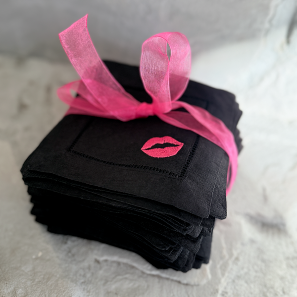 Valentine's Day Lips Cloth Cocktail Napkins, Set of 4, Kiss Cocktail Napkins - White Tulip Embroidery