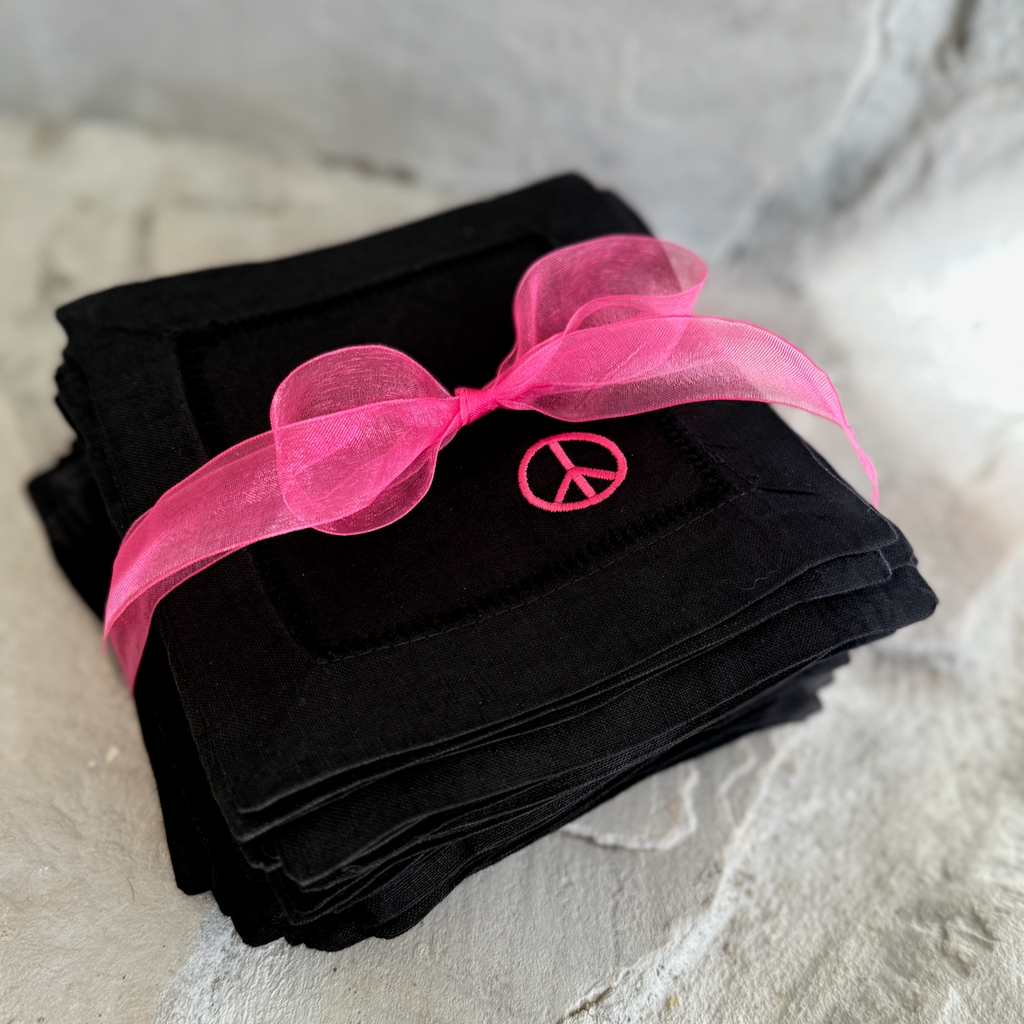 Peace Linen Cocktail Napkins, Set of 4, Peace sign cloth napkins - White Tulip Embroidery
