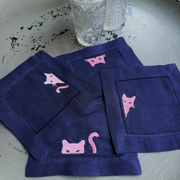 Black Cat Cocktail Napkins, Set of 4, Black Cat Embroidered Linen Cocktail Napkins - White Tulip Embroidery