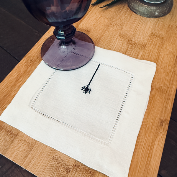 Halloween Hanging Spider Cloth Cocktail Napkins, Set of 4 - White Tulip Embroidery