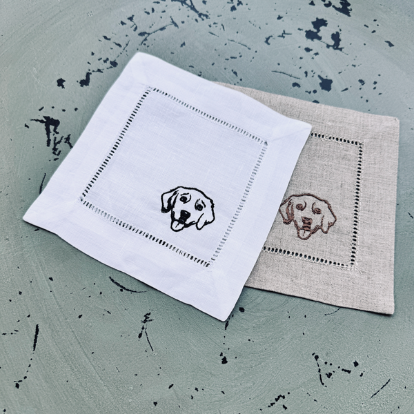 Dog Cloth Linen Cocktail Napkins, Set of 4, Golden Retriever Gift - White Tulip Embroidery