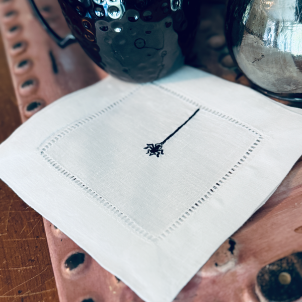 Halloween Hanging Spider Cloth Cocktail Napkins, Set of 4 - White Tulip Embroidery