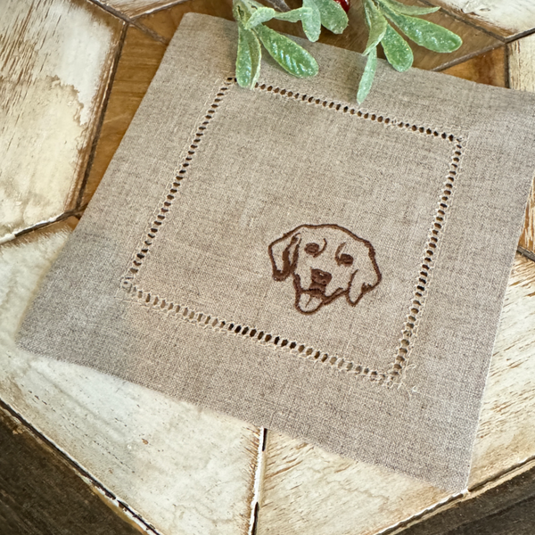 Dog Cloth Linen Cocktail Napkins, Set of 4, Golden Retriever Gift - White Tulip Embroidery