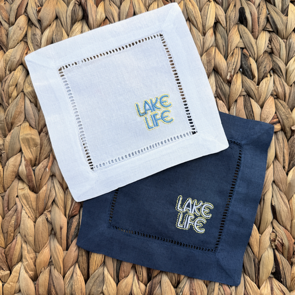 Lake Life Cocktail Napkins, Set of 4 Linen Napkins - White Tulip Embroidery