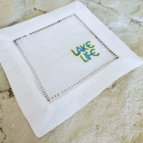 Lake Life Cocktail Napkins, Set of 4 Linen Napkins - White Tulip Embroidery