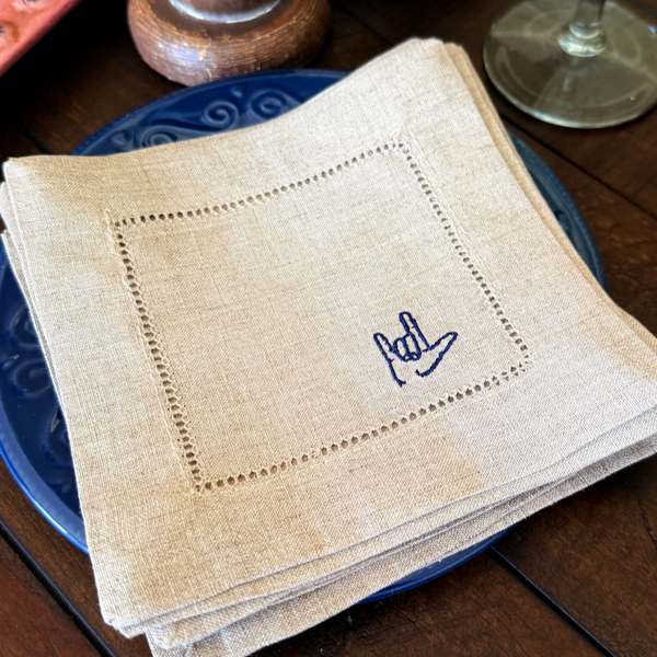 I Love You Hand Sign Language Linen Cocktail Napkins, Set of 4, Love cloth napkins - White Tulip Embroidery