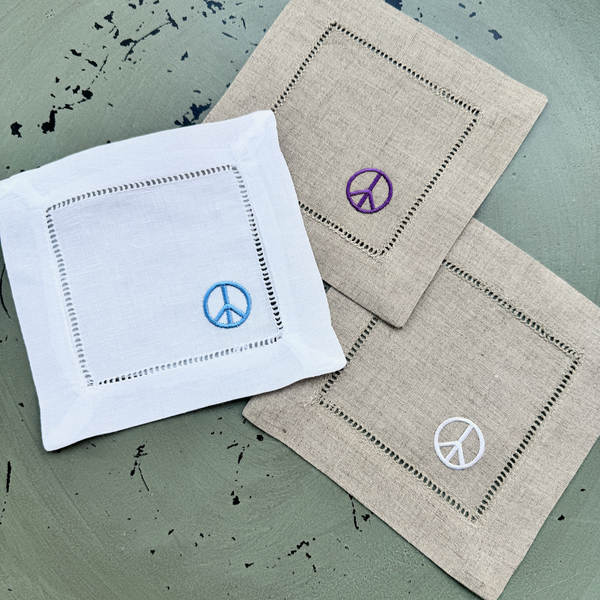 Peace Linen Cocktail Napkins, Set of 4, Peace sign cloth napkins - White Tulip Embroidery