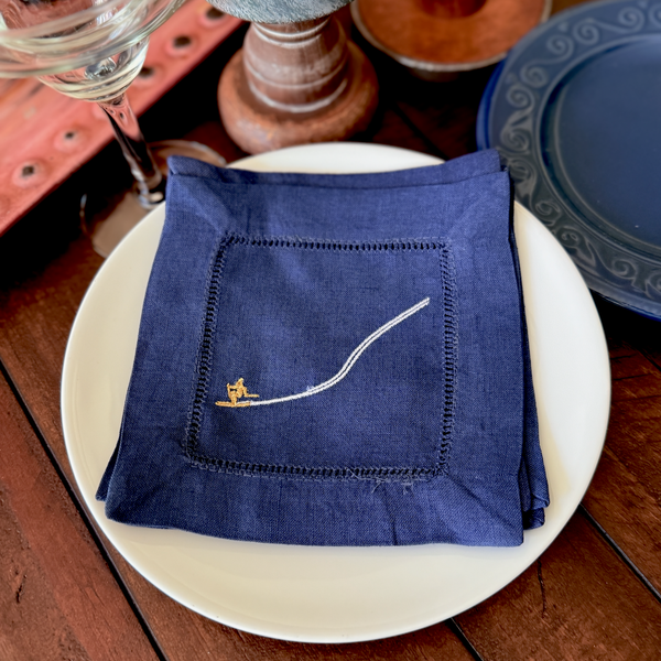 Downhill Ski Cloth Cocktail Napkins, Set of 4, Skiing Linen Cocktail Cloth Napkins - White Tulip Embroidery