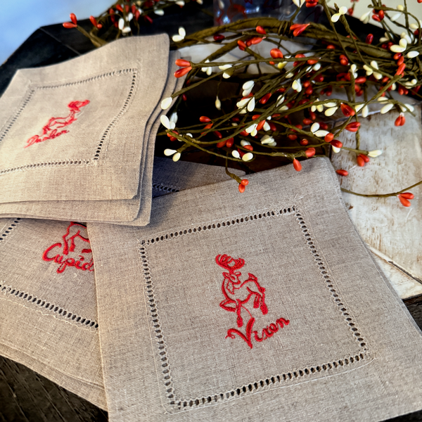 Reindeer Cloth Cocktail Napkins, Set of 10 - White Tulip Embroidery