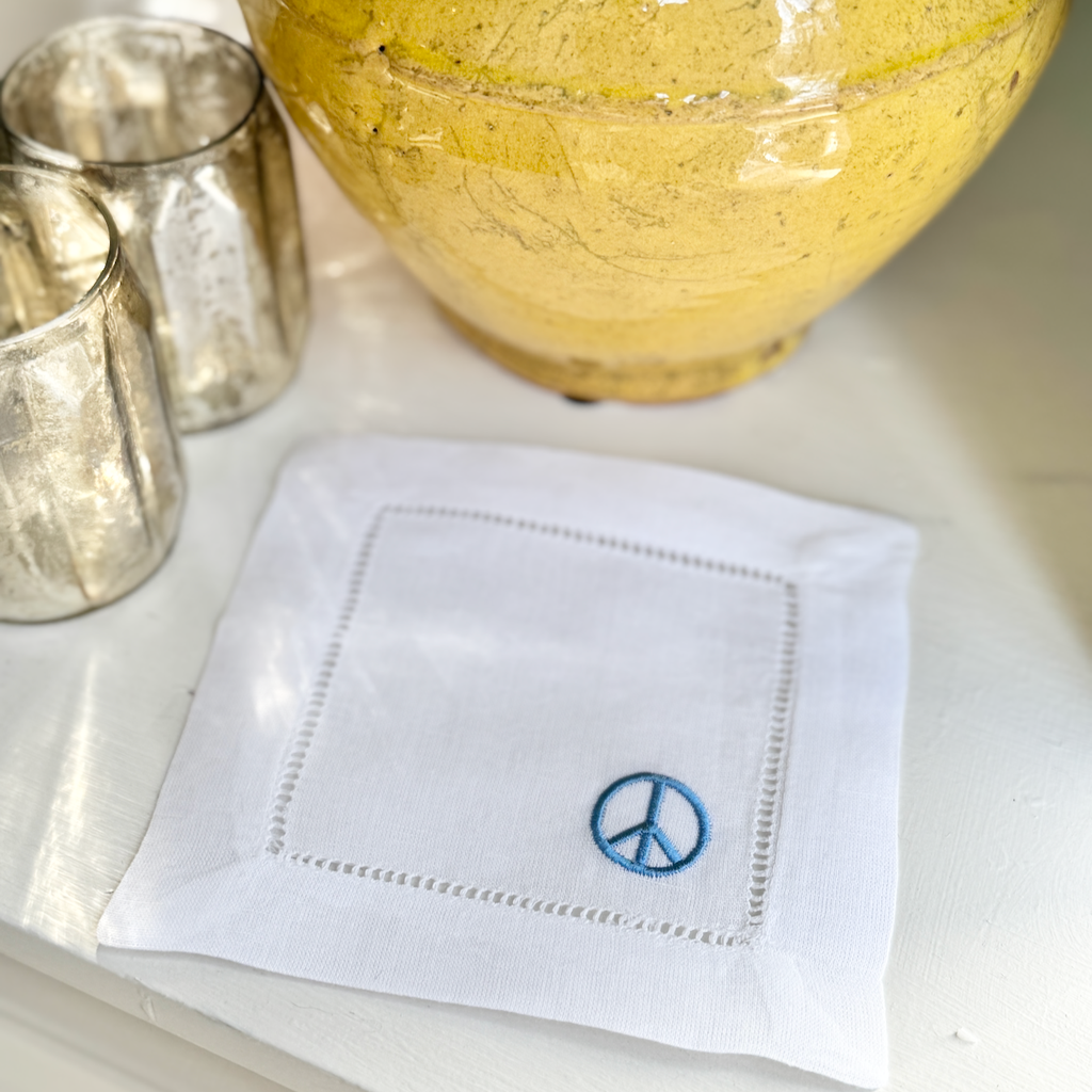 Peace Linen Cocktail Napkins, Set of 4, Peace sign cloth napkins - White Tulip Embroidery
