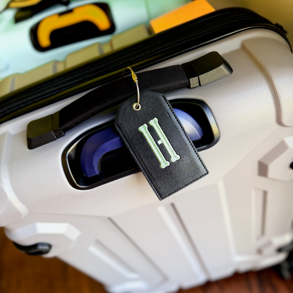 Monogrammed Luggage Tag, Embroidered Vegan Leather with Steel Loop Wire - White Tulip Embroidery