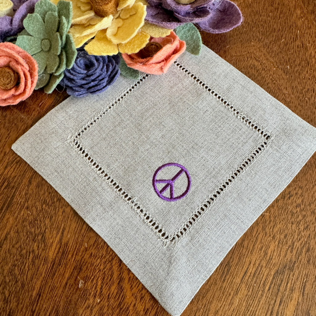 Peace Linen Cocktail Napkins, Set of 4, Peace sign cloth napkins - White Tulip Embroidery