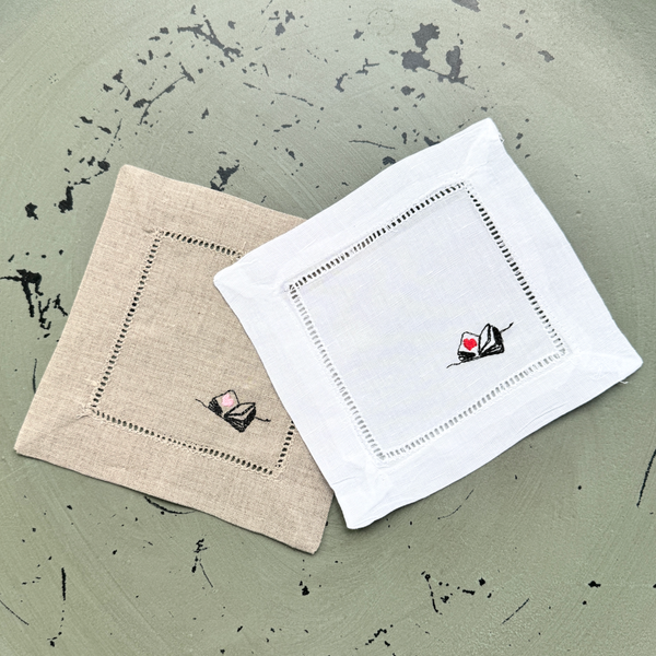 Book Linen Cocktail Napkins, Set of 4, Love Book Cloth Napkins - White Tulip Embroidery