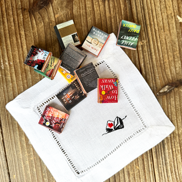 Book Linen Cocktail Napkins, Set of 4, Love Book Cloth Napkins - White Tulip Embroidery