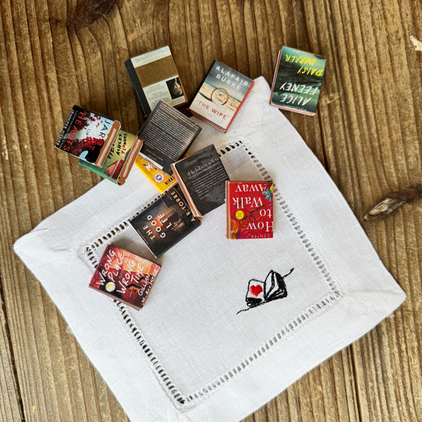 Book Linen Cocktail Napkins, Set of 4, Love Book Cloth Napkins - White Tulip Embroidery