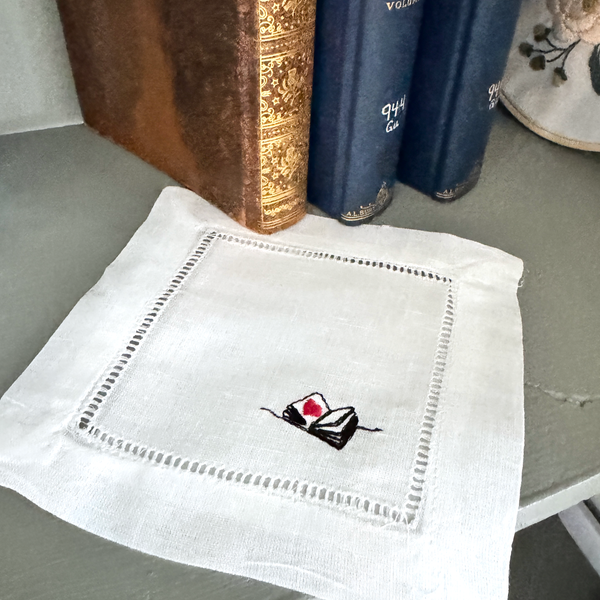 Book Linen Cocktail Napkins, Set of 4, Love Book Cloth Napkins - White Tulip Embroidery