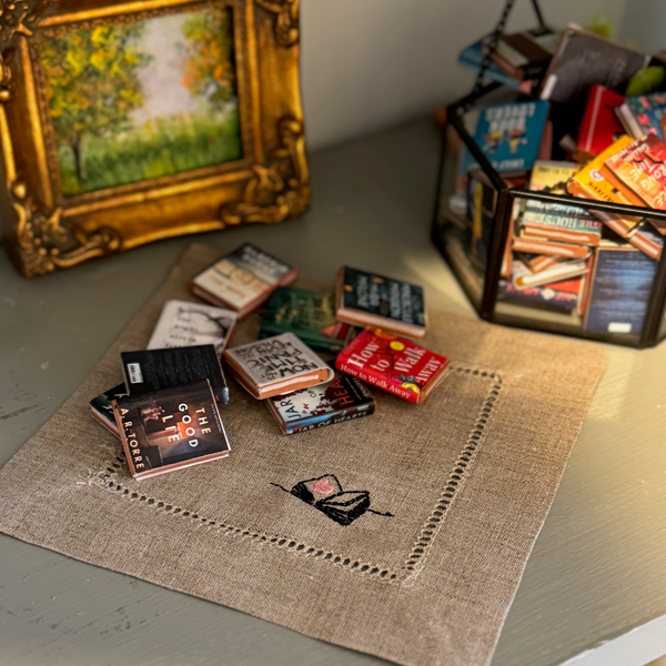 Book Linen Cocktail Napkins, Set of 4, Love Book Cloth Napkins - White Tulip Embroidery