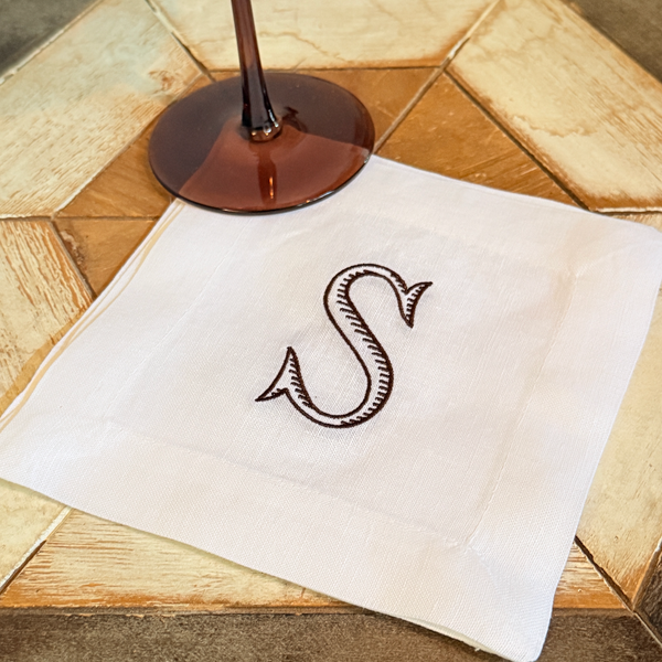 Baroque Monogrammed Cocktail Napkins, Set of 4 - White Tulip Embroidery