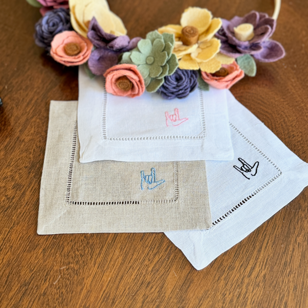 I Love You Hand Sign Language Linen Cocktail Napkins, Set of 4, Love cloth napkins - White Tulip Embroidery