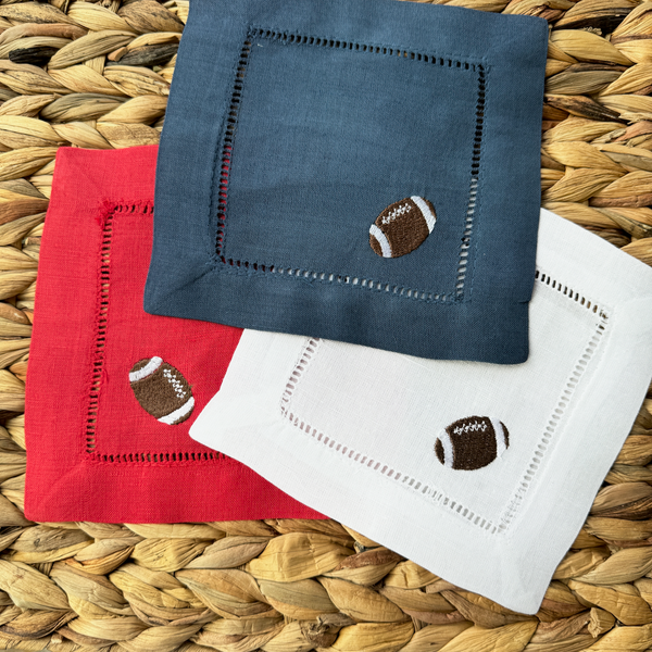 Football Cloth Cocktail Napkins, Set of 4 - White Tulip Embroidery