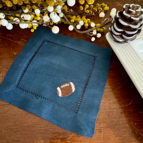 Football Cloth Cocktail Napkins, Set of 4 - White Tulip Embroidery