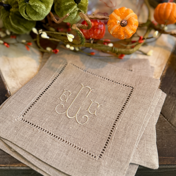 Natural Beige Monogrammed Linen Cocktail Napkins, Set of 4 - White Tulip Embroidery