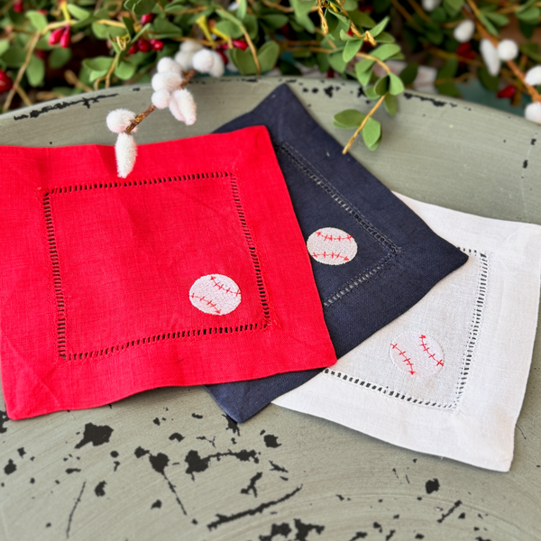 Baseball Cloth Linen Cocktail Napkins, Set of 4 - White Tulip Embroidery