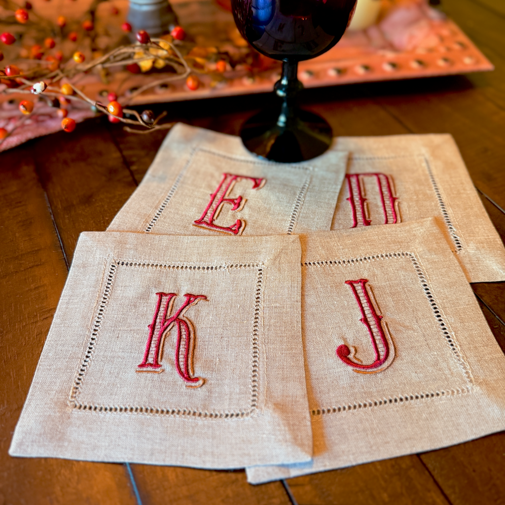 Vintage Monogrammed Cocktail Napkins, Set of 4 - White Tulip Embroidery