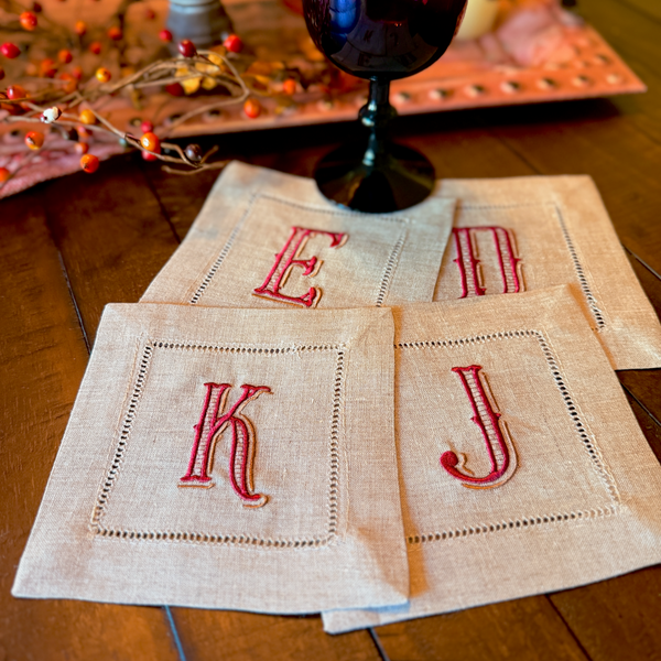 Vintage Monogrammed Cocktail Napkins, Set of 4 - White Tulip Embroidery