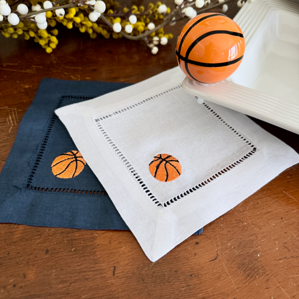 Basketball Cloth Cocktail Napkins, Set of 4, Basketball Party Napkins - White Tulip Embroidery