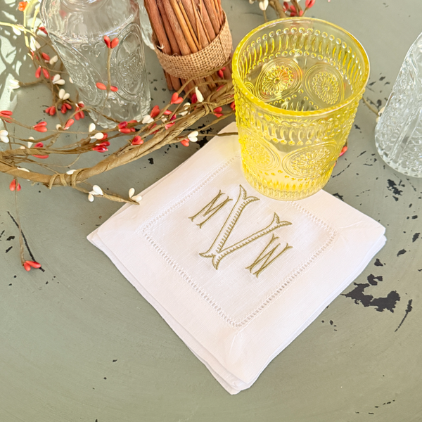 Baroque Three Letter Monogrammed Cocktail Napkins, Set of 4 Monogrammed Cloth Linen Napkin - White Tulip Embroidery
