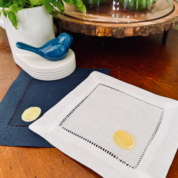 Tennis Cloth Cocktail Napkins, Set of 4,Tennis Linen Napkins - White Tulip Embroidery