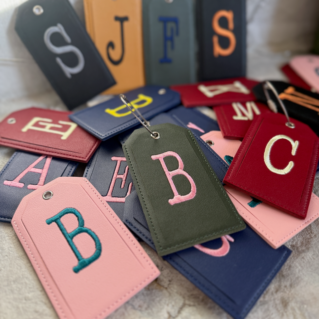 Monogrammed Luggage Tag, Embroidered Vegan Leather with Steel Loop Wire - White Tulip Embroidery