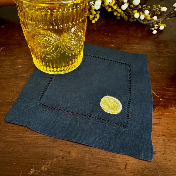 Tennis Cloth Cocktail Napkins, Set of 4,Tennis Linen Napkins - White Tulip Embroidery